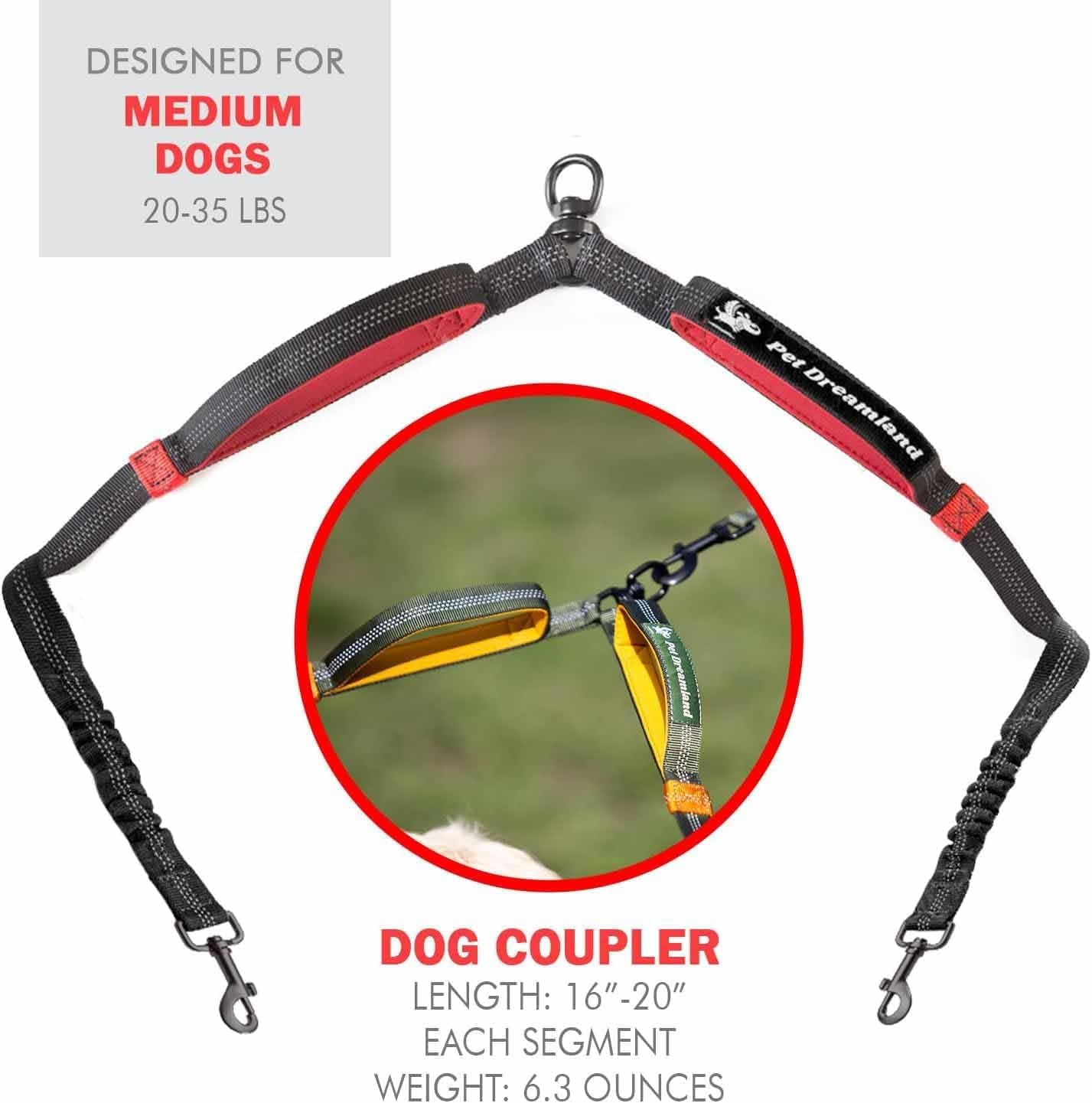 Exquisite Dual Dog Leash Coupler No Tangle Swivel. Premium Quality & Perfect for Walking Two Medium Dogs. You Will Absolutely Love This Amazing Double Attachment (Black & Red)